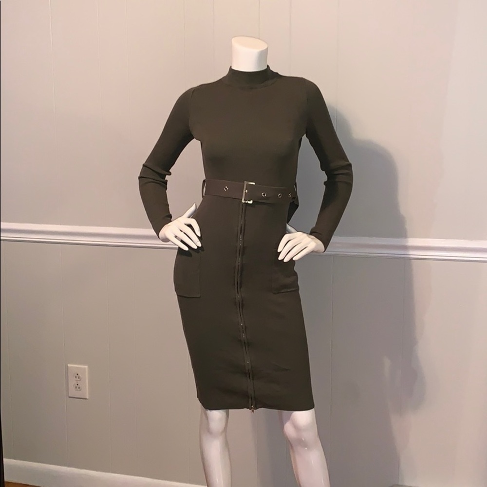 Long sleeve olive ribbed midi dress with belt